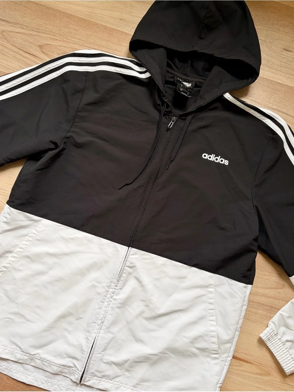 Adidas Men's Color Block Black & White Hooded Windbreaker Jacket